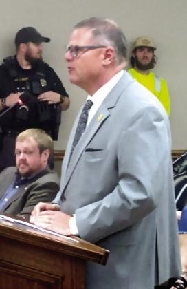 Tecumseh Police Chief JR Kidney voices support for McLoud Police Chief Kyle Webb at the Mar. 27 McLoud City Council meeting. Bill Rooth, Countywide &amp; Sun