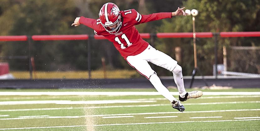 Fisher Wilson kicks off the game for NRC who took on Heritage Hall Friday night. NRC lost 48-12. Next Friday, they will travel to Taft to take on Star Spencer. Photo courtesy of Gowin Photography