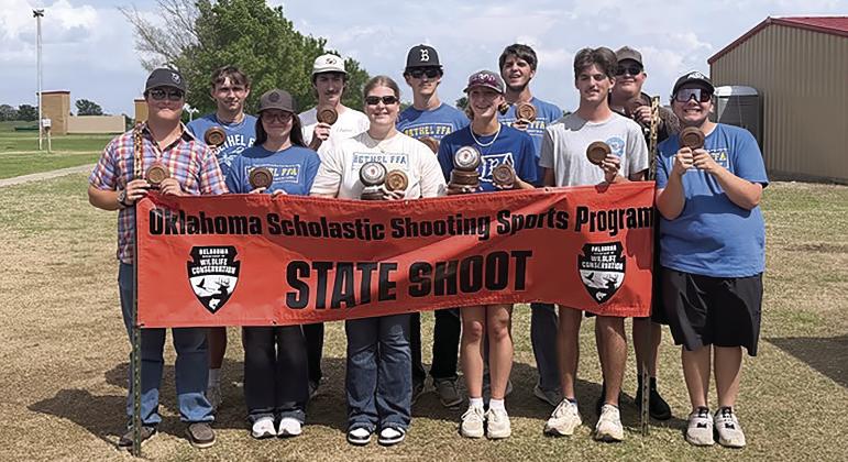 On April 15, the Bethel FFA Shooting Sports Team was the Fifth High Team at the Oklahoma Scholastic Shooting Sports Program State Shoot in El Reno. Individually, Corley Steward, front row fourth from left, was Second High Female and Alexys Wright, front row third from left, was Fifth High Female. This tops off a successful school year for the team. Photo provided
