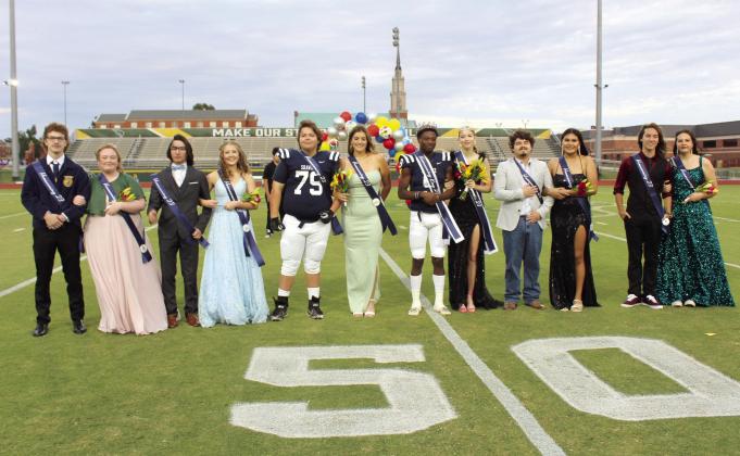 The Shawnee High School Fall Homecoming Court poses following the coronation ceremony, held at OBU on Oct. 6. Shown, from left, are Kendall Howard and Zoe Davis, representing FFA; Traydn Rakestraw and Clara Timmons, for swim; Isaac Hodges for football and Ryandi Cruce for fastpitch softball; King Delmone Miller for football and Queen Maryl Lewellen for volleyball; Dalton Hall for Esports and Reagan Atwood for cheer; and Riley Cooper and Kaitlyn Parsons for band. Countywide &amp; Sun/Natasha Dunagan
