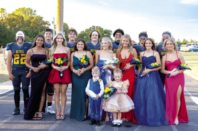 Bethel High School held their 2024 Fall Homecoming ceremony on Sept. 20. Shown, from left, are Kord Johnson, Emzley Miller, Talon Barlow, 2023 Queen Asa Ward, Roger Brooks, Jaeley Garcia, Austin Melson, 2024 Queen Presley McClintock, Alex Barnett, Taylor Boles, Corbin Winsett, Rachel Drew, Kevin Thornburg, Braelyn Stafford, and, in front, Crown Bearer Rhett Seaborn and Flower Girl Millie Stanfill. Photo courtesy of Richelle Treece.