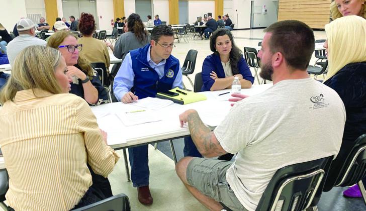 Tecumseh High School Principal Jaime Griggs, School Board President Iva Bingham, State Senator Shane Jett and Ana Jett prioritize safety and mental health options with TPS parents in a breakout session led by Kathleen Kennedy (far right), President of the Center for Communication and Engagement, at the Tecumseh Public Schools Safety Community Meeting held on Nov. 3. Julie Talton, Countywide &amp; Sun