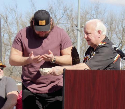 Citizen Potawatomi Nation Chairman John "Rocky" Barrett performs a protective ceremony on Creed Humphrey during the celebration in Humphrey's name on March 4. Countywide &amp; Sun/Natasha Dunagan