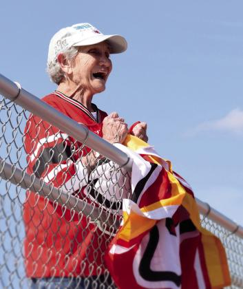 Lifetime Chief's fan, Julia Slavin, 90 years young, cheers for Creed Humphrey at the celebration in his honor on March 4. Slavin lived in Kansas City for 60 years before moving to Shawnee. She is thrilled to have a local boy playing for her team! Countywide &amp; Sun/Julie Talton