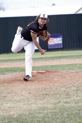 Earlsboro’s James Smith slings a ball over home plate during the game at Maud on March 20. Earlsboro won, 16-2.