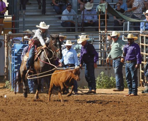 Rowdy John Pino of McLoud competes in calf roping in the second go-round of the IFYR on the morning of July 11. Pino also participated in team roping.