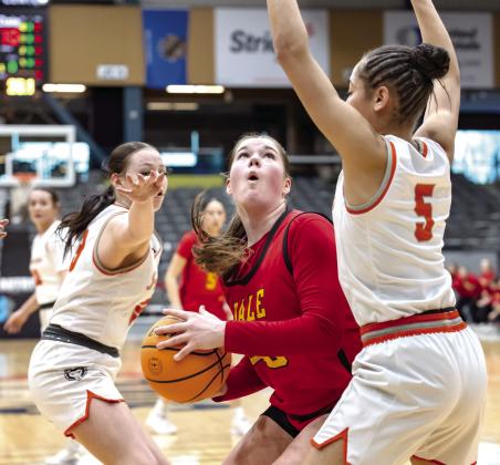 Dale's Danika Pendley gets ready to go up strong on a shot attempt in the Area win against Pawhuska on Mar. 7. The Lady Pirates are on the road to a State Championship; first stop: Vanoss at noon on Mar. 12 at OG&amp;amp;E Coliseum. A win there will advance them to Yukon at noon on the 13th. A win there would put them in an 11:45 am final at OG&amp;amp;E Coliseum Mar 14.