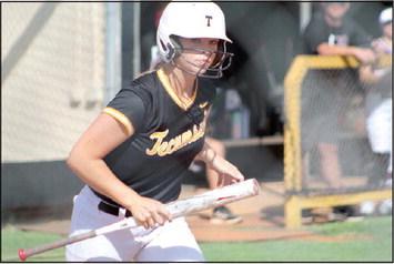 Tecumseh’s Katelyn Fleming puts her bat down after getting the walk during the home game against Blanchard on Aug. 8. Countywide &amp;amp; Sun/Natasha Dunagan