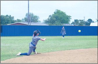Bailey Tucker snags the ball and tosses it to secong base, for the out, in the game against Byng on April 15.