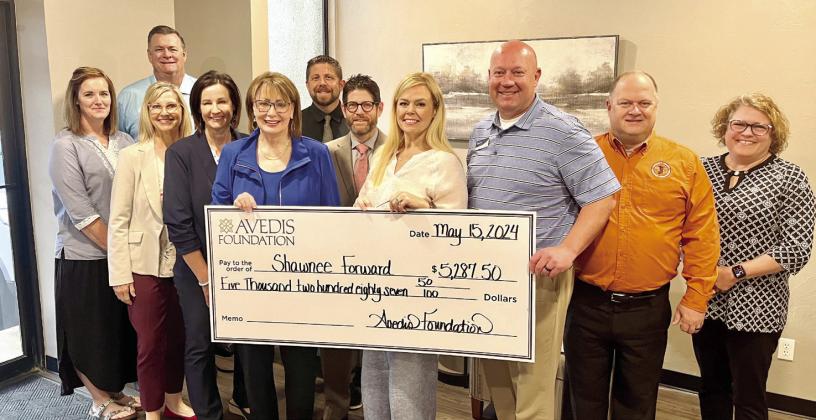 Shawnee Forward and Avedis Foundation representatives are pictured from left; Sarah Weeks, Steve Wallace, Jill Spencer Board Vice Chair Avedis Foundation, Angi Mohr, Dr. Kathy Laster President &amp;amp; CEO Avedis Foundation, Dr. Aaron Espolt, Jason Knight, Crystal Romanyszyn President &amp;amp; CEO Shawnee Forward, Casey Bell Board Chair Shawnee Forward, Gary Highly, and Tracy Meeuwsen Program Director Avedis Foundation. Photo provided