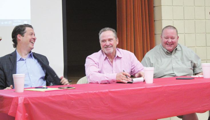 Oklahoma State Senator Shane Jett and State Representatives Danny Sterling and Dell Kerbs have a laugh during the Tecumseh Chamber of Commerce Legislator’s Luncheon, held at the Tecumseh City Hall Auditorium on April 22. Countywide &amp;amp; Sun/Natasha Dunagan