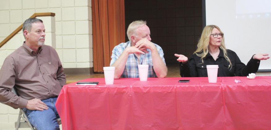 Pottawatomie County Commissioner Melissa Dennis speaks about the county’s one-cent sales tax, as her fellow commissioners Eddie Stackhouse and Randy Thomas look on, at the Tecumseh Chamber of Commerce Legislator’s Luncheon, held at the Tecumseh City Hall Auditorium on April 22. Countywide &amp;amp; Sun/Natasha Dunagan