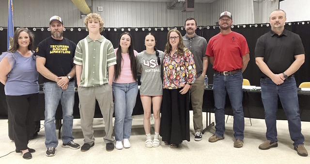 Tecumseh School Board recognized THS wrestling senior standouts at the March board meeting. From left: Board member, Nicole Sanchez; Wrestling Coach, Billy Don Sigman; Wrestlers: Nick White, Trinity Rakestraw, Vivian Hayes; Board President, Iva Bingham; members:, Dylan Hayes, Shane Brown and Stephen Kingham. Adelaide Lack, Intern, Countywide &amp; Sun