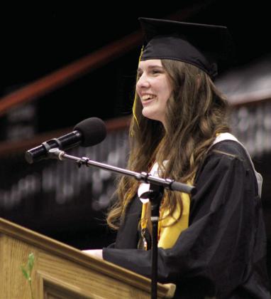 Tecumseh Valedictorian Adalaide Lack speaks about the fruits of the spirit and thanked her grandmother, Tecumseh Teacher Myrna Lack, during the Tecumseh High School graduation, held at FireLake Arena on May 20. Lack was one of four valedictorians, and she is a former Countywide &amp;amp; Sun intern.