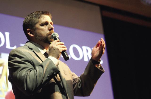 Shawnee Superintendent Dr. Aaron Espolt speaks during the “State of the Schools” event, Feb. 12, at the Performing Arts and Athletic Center Auditorium. Countywide &amp;amp; Sun/Natasha Dunagan