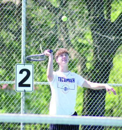 Tecumseh junior Wyatt Kline, on the #2 Doubles team with Wright, serves. Natasha Dunagan, Countywide &amp;amp; Sun