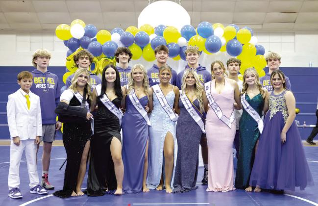 Bethel High School celebrated Wrestling Homecoming on Jan. 13 and crowned Landry Taron as Queen and Zack Griffith as King. Shown, front row from left, are Taylor Marlow, Kaylin Mayo, Maylee Lindsey, Rumour Prewett, Queen Taron, Bailey Murray, Sicilie Lomeli, Navaeh Smith, back row, Stetson Topping, Weslee Lindsey, Elijah Owens-Howell, Dillon Stormont, Zane Anderson, King Griffith, Paxton Shultz and Landon Boles. Photo courtesy of Richelle Treece
