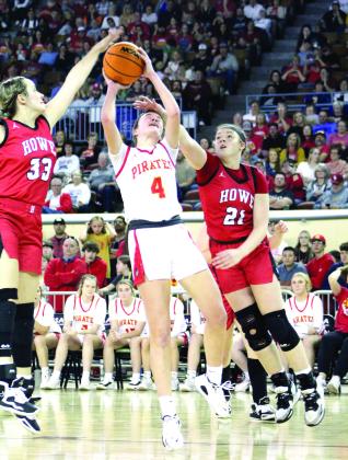 Dale’s Ava Bell is fouled by two Howe defenders as she goes to the hoop in the fourth quarter of the Class 2A State Championship on March 11 at the State Fairgrounds Arena. The Dale Lady Pirates won state, 48-23, and their record for the season is 31-2. Before this, the Lady Pirates won seven state basketball championships between 1978 and 2010, according to the OSSAA website. Countywide &amp;amp; Sun/Natasha Dunagan
