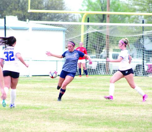 Shawnee senior Chanel Morales prepares to kick the ball from the Sapulpa end of the field on April 4.