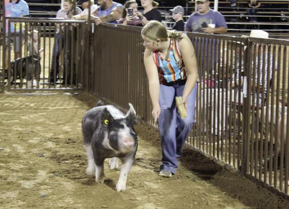 Hailey Townsend of Tecumseh shows her Berkshire pig at the T-Town Showdown . Townsend’s pig won the Class 2 Berkshire division, as well as the Breed Champion.