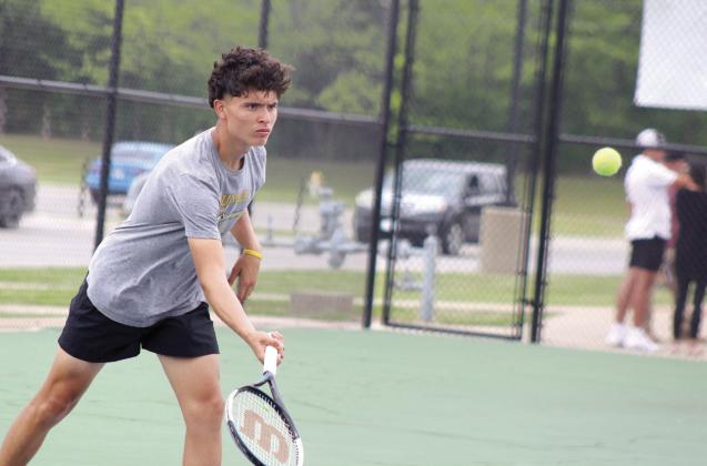Tecumseh’s Marco Espinoza focuses on the ball during the Shawnee NGB Tournament on April 27. Espinoza placed 9th out of 10 schools in #1 Singles. Countywide &amp; Sun/Natasha Dunagan
