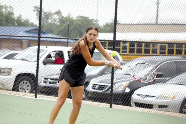 Tecumseh’s Jalee Meyers makes a return at the Shawnee NGB Tournament on April 26. Meyers and her teammate Laycee Thoma placed fifth in #1 Doubles, out of 16 schools. Countywide &amp; Sun/ Natasha Dunagan