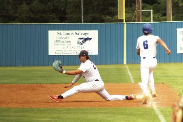 Asher junior Easton Welch does splits for the catch at first before the Battiest runner steps on base in the Class B Regional Baseball Tournament home game on April 30.