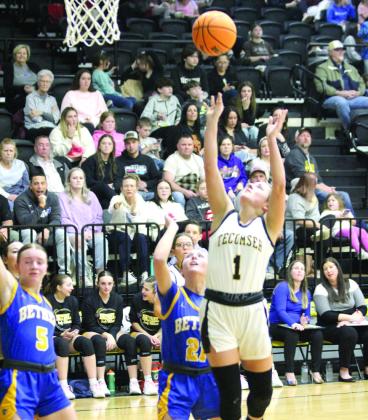 Tecumseh's Cadence Leba shoots for two points during the Feb. 7 homecoming game with Bethel. The Lady Savages lost a close game, 42-47. Countywide &amp;amp; Sun/Natasha Dunagan File photo