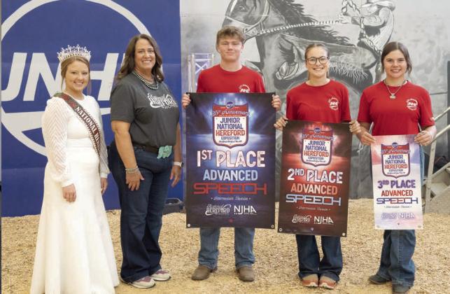 Incoming Tecumseh senior Taylor Marrs poses with his first-place banner for Advanced Speech in the Intermediate Division during the Junior National Hereford Exposition on July 7. Ella Bane, of Towanda, IL, won second place, and Josie Mares, of Glenrock, WY, won third place. Photo provided