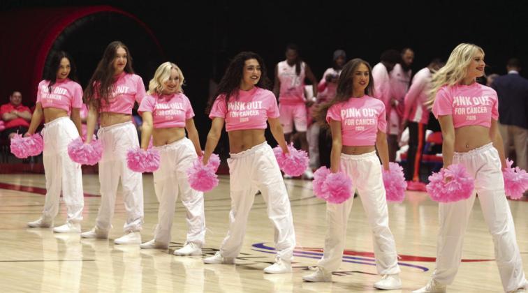 The Fire Girls perform during the first quarter. The dance troupe, players and many spectators wore pink for the Pink Out for Cancer cause that night at FireLake Arena.