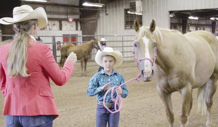 Pharra Neiman, 9, of Tecumseh 4-H, listens to instructions from 4-H &amp; FFA Horse Show Judge Sarah Paige Tarr, a senior at OSU, during the Pottawatomie County Free Fair on Sept. 8, with her Palamino gelding, "Cowboy." File photo