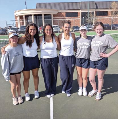 The Shawnee High School Lady Wolves Tennis Team had recent success in OKC and home tournaments. They are shown here at OBU for the Suburban Tennis Conference on March 31. Photo provided by Dacia Jordan