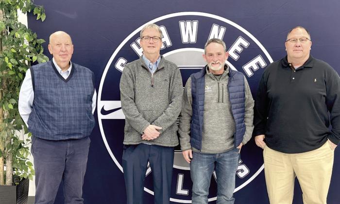 Shawnee baseball inducted four new members into the Hall of Fame at a banquet held Thursday Feb. 13, 2025. Pictured from left are the new members: Dwight Atchley, David Porty, Jim Robertson, and Larry James. Photo provided by Shawnee Public Schcools