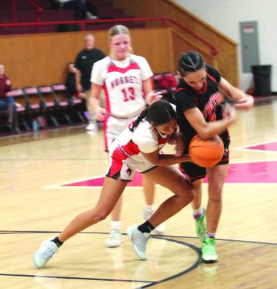 McKenzie Brummett tries to steal the ball during the second quarter of the Jan. 16 home game against Strother. The Lady Hornets won 67-64 in overtime. Later, the Hornets lost 47-59.