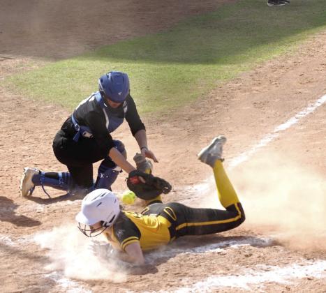 Tecumseh sophomore Josie Walker dives into home and is declared safe.. Photo courtesy of Kenetta Lisenbee