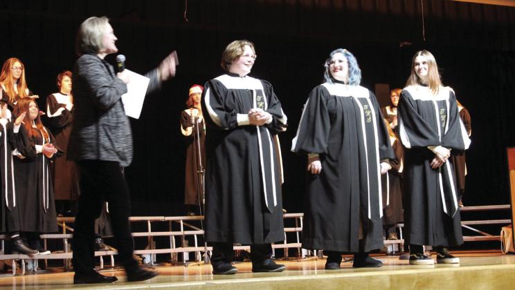 Tecumseh Public Schools Choir Director Cheryl Blankenship announces the All-State Choir students during the Tecumseh Vocal Music Winter Concert on Dec. 6. They are Jax Johnson, for the OCDA Junior High Mixed Chorus; Megan Quirk, for the OKMEA High School Mixed Chorus; and Zoey Edwards, for the OKMEA High School Treble Chorus. There were hundreds of choir students across the state who auditioned for these choruses. Countywide &amp;amp; Sun/Natasha Dunagan