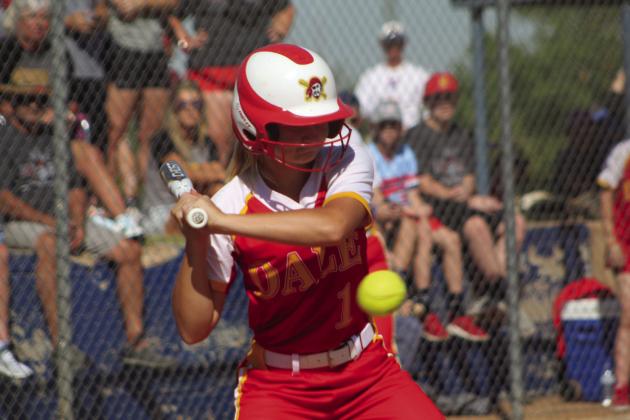Dale sophomore Heartly Snyder hits a single during the second inning of the Class 2A State Quarterfinal game with Minco on Oct. 6 at the USA Softball Hall of Fame Stadium in OKC.