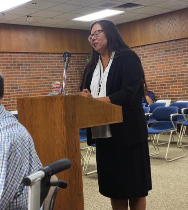 Briana Ponkilla, with the Absentee Shawnee Tribe, speaks to the council regarding the property formerly known as the Tecumseh Square being transitioned to being an office building for her 477 Program. Countywide &amp;amp; Sun/Julie Talton
