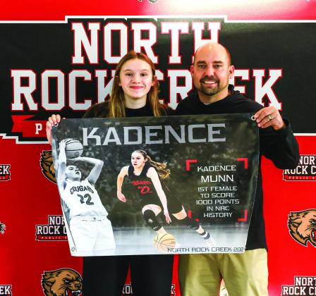 On Jan. 21st at the Washington tournament, Kadence Munn scored her 1000 point in her high school career against Tecumseh. Pictured are Kadence Munn and NRC Basketball Coach Lance Blocker.