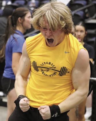 Tecumseh senior Malachi Detherage celebrates after breaking an unofficial state record during the Bethel Powerlifting Meet on Jan 30. Photo provided