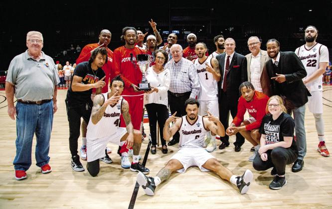 The Potawatomi Fire team and coaches, CPN Chairman John “Rocky” Barret, Vice-Chairman Linda Capps, and Pottawatomie Rie General Manager David Qualls pose after the clean sweep series win at FireLake Arena Saturday, June 10. Photo courtesy of Potawatomi Fire/Landon Kidney