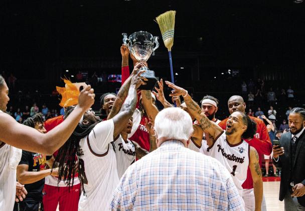 The Potawatomi Fire celebrate after the win Saturday. The team will take on the Seatle Super Hawks Monday at home.