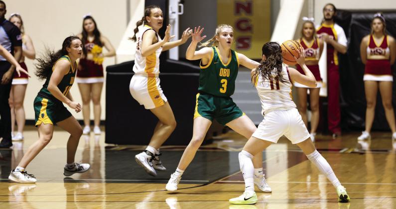 OBUs Katelyn Davis (#3) comes off the bench and shoots a season high 16 points while pulling down seven rebounds in the 78-48 win against Midwestern State Thursday, Nov. 21. Also shown for OBU is Bethel alumni Parker Stevenson. Photo provided by OBU