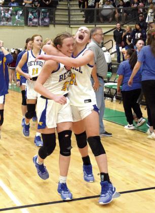 Bethel Junior Josie Megehee celebrates with Senior Brooklyn Duff as they walk off with a win in the Area Championship last Saturday. Countywide &amp; Sun/Julie Talton