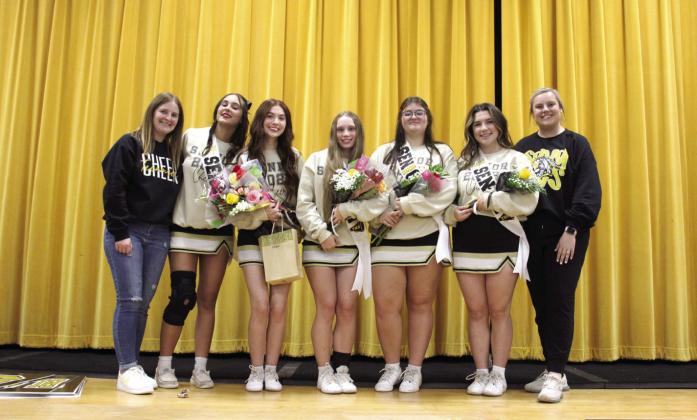 The Tecumseh High School senior cheerleaders pose together on Fall Senior Night at the W.P. Wood/THS Alumni Center, Nov. 8. Shown, from left, are Coach Jacee Miller, Camryn Wood, Mayci Chupco, Gabby Hill, Ashtyn Kidney, Meghan Elizabeth, and Coach Katie Marrs. Photo provided by Tracey Forrester.