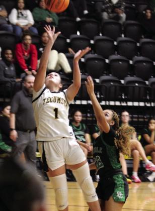 Tecumseh senior Cadence Leba launches a shot in the Jan. 6 home game against Seminole. The Lady Savages beat the Lady Chieftains 59-33, as did the Savages later, 97-62. Natasha Dunagan, Countywide &amp; Sun