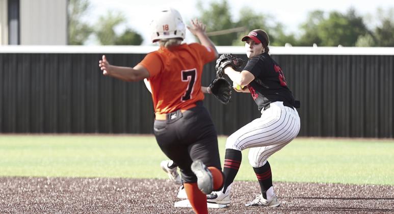 Morgan Bertram makes the out at second against Lexington in the double-header on April 13, hosted by NRC. NRC won both games, 15-0 and 19-5. Photo Courtesy of Gowin Photography