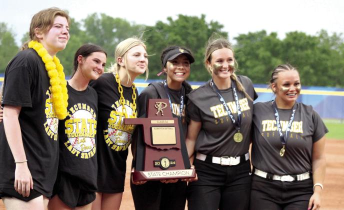 Tecumseh seniors Reagan Berry, Chloe Stephenson, Laney Sanders, Serenity Jacoway, Sami Schweighardt and Khylei Daniels pose with the Class 5A Slow Pitch State Championship trophy after the Lady Savages won against Washington on April 30. That day, they beat Bristow, 14-10; North Rock Creek, 13-7; and Washington, 9-6, and they end the season with a 31-9 record. This is the first softball state win for Tecumseh, although they have been to the state tournament for several seasons.