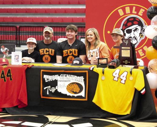 Jack Rooker poses with his family after signing a letter of intent with East Central University for baseball during Dale Signing Day on Nov. 14. Also shown, from left, are brother, Jarret Rooker; dad, Josh Rooker; mom, Sandy Rooker; and, brother, Justus Rooker.