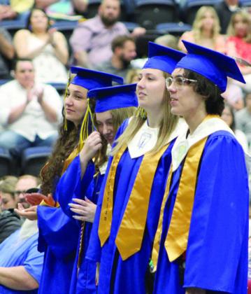 Bethel High School Valedictorians Hannah Davidson, Piper Whitecotton, Cadence Treece and Ashton Franklin stand to be recognized during Commencement Exercises on May 20.